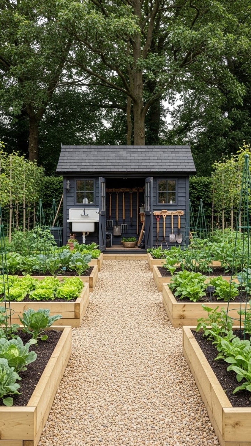 Raised bed vegetable garden with wooden planter boxes, fresh green vegetables, and a clean gravel pathway leading to a garden shed surrounded by trees.