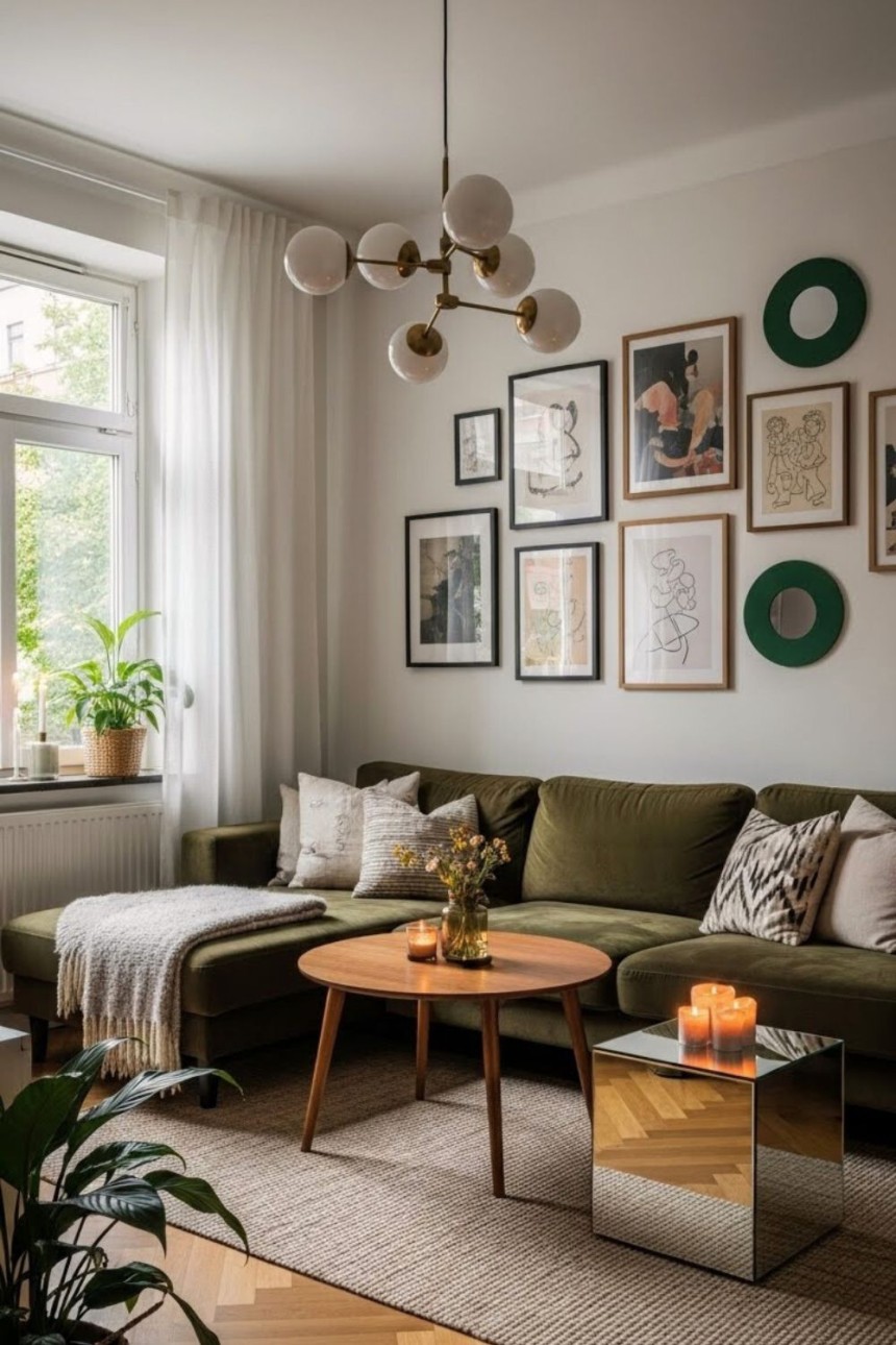 Cozy small apartment living room with olive green sofa, gallery wall art, warm lighting, wooden coffee table, candles, and natural textures creating a stylish and inviting space.