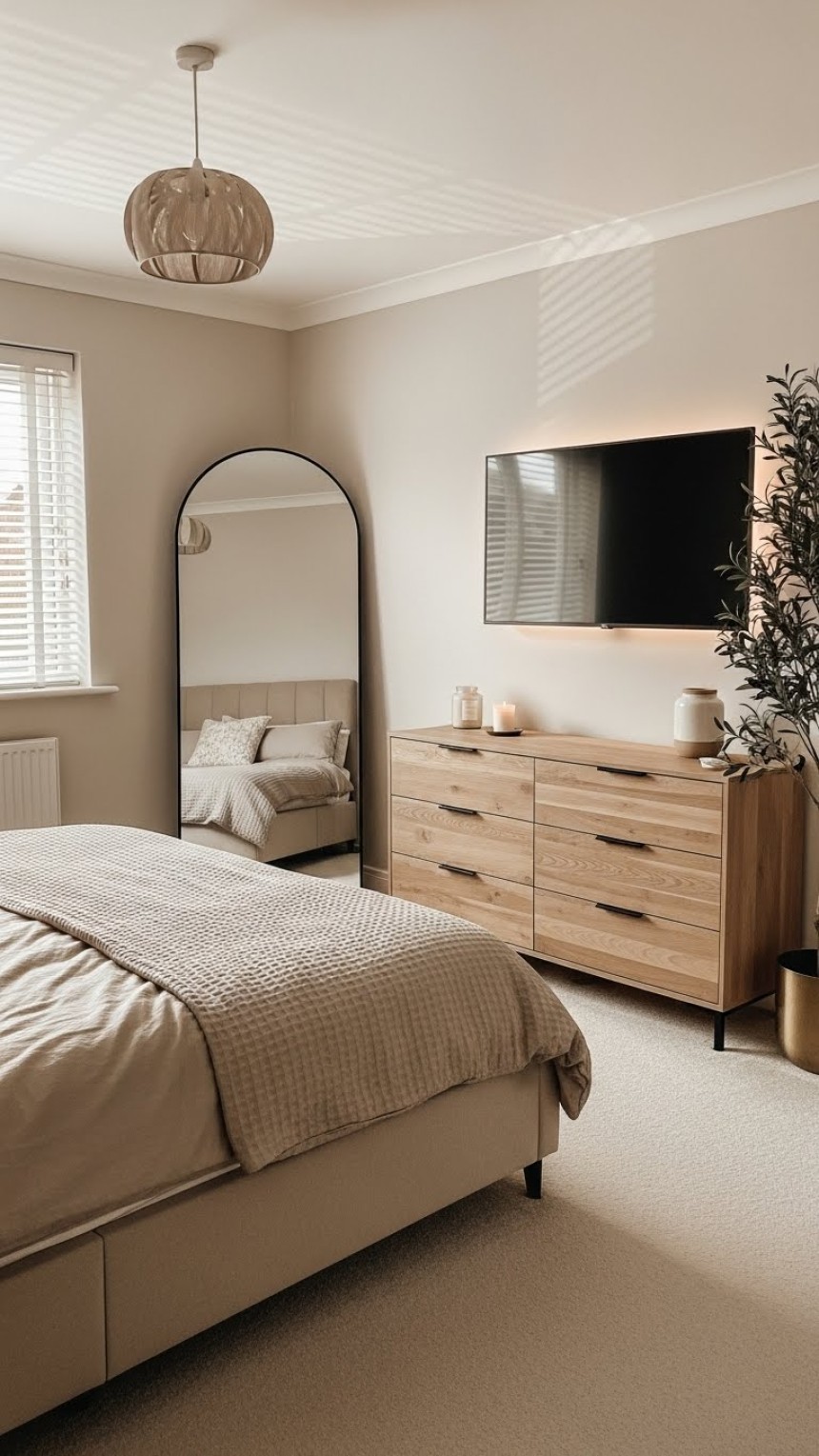Cozy neutral bedroom with upholstered bed, soft beige bedding, natural wood dresser, arched floor mirror, warm lighting, and minimalist modern decor creating a calm luxury retreat.