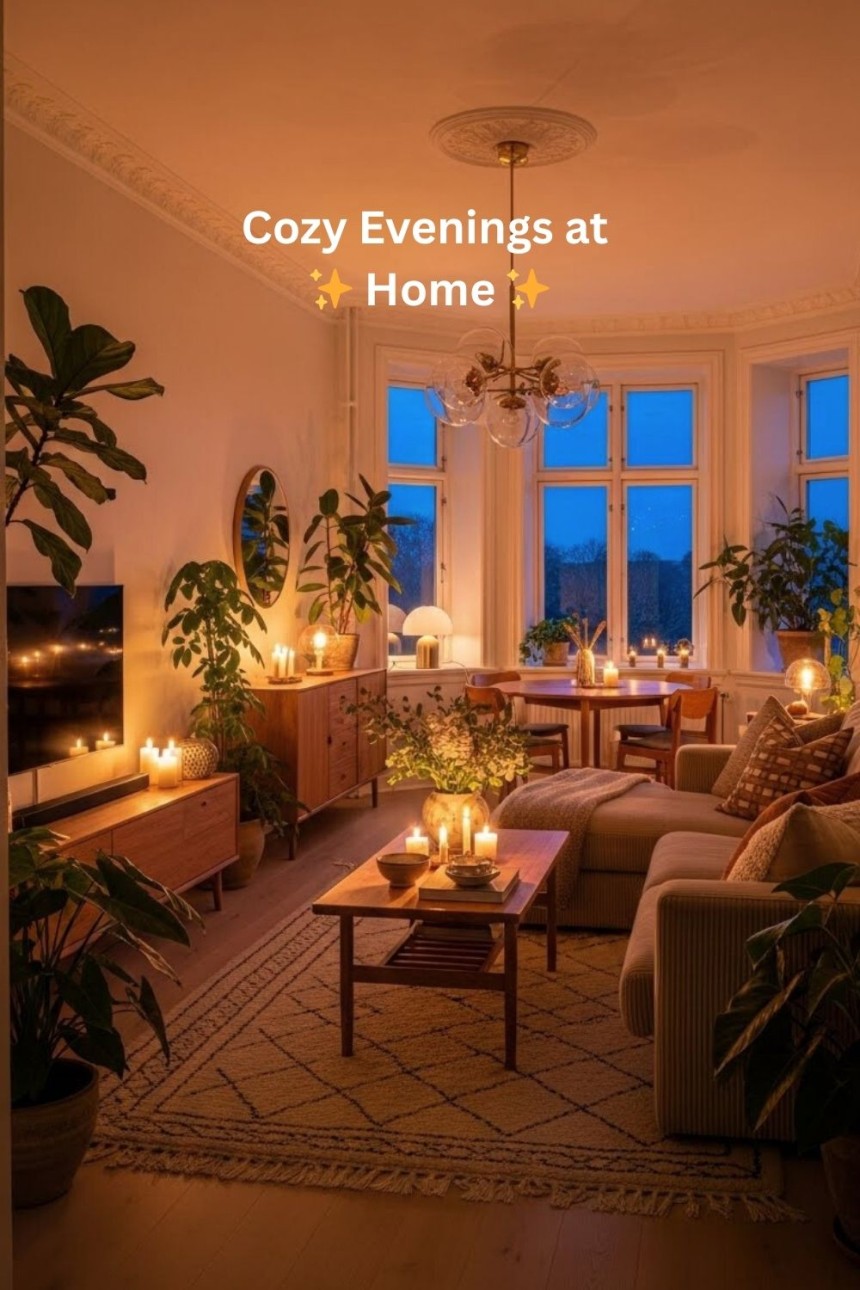 Warm and cozy living room with soft ambient lighting, candles, indoor plants, neutral furniture, and a Scandinavian-style interior for a relaxing evening at home.