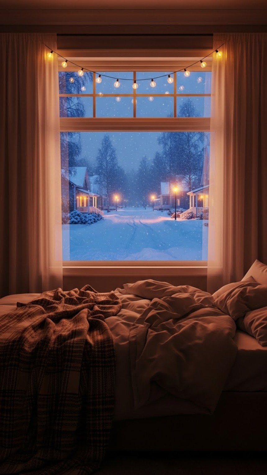 Cozy bedroom with neutral bedding, plaid blanket, and fairy lights framing window showing snowy evening neighborhood scene with street lamps