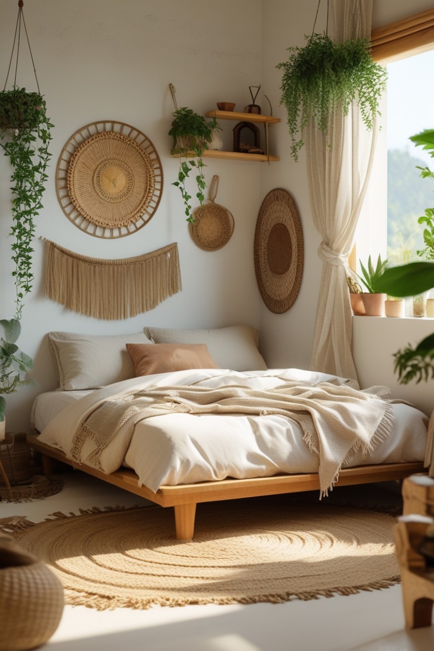 Small boho bedroom with a low wooden bed, neutral bedding, woven wall decor, hanging plants, natural sunlight, and cozy minimalist styling.