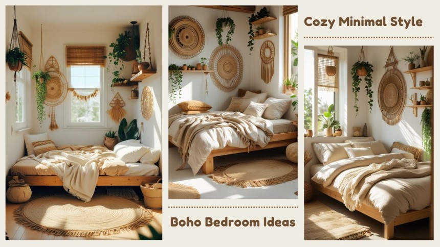 Small boho bedroom shown from multiple angles, featuring a low wooden bed with neutral layered bedding, woven and macrame wall decor, hanging and potted indoor plants, soft curtains, earthy textures, minimalist furniture, and warm natural sunlight creating a cozy, calm atmosphere.