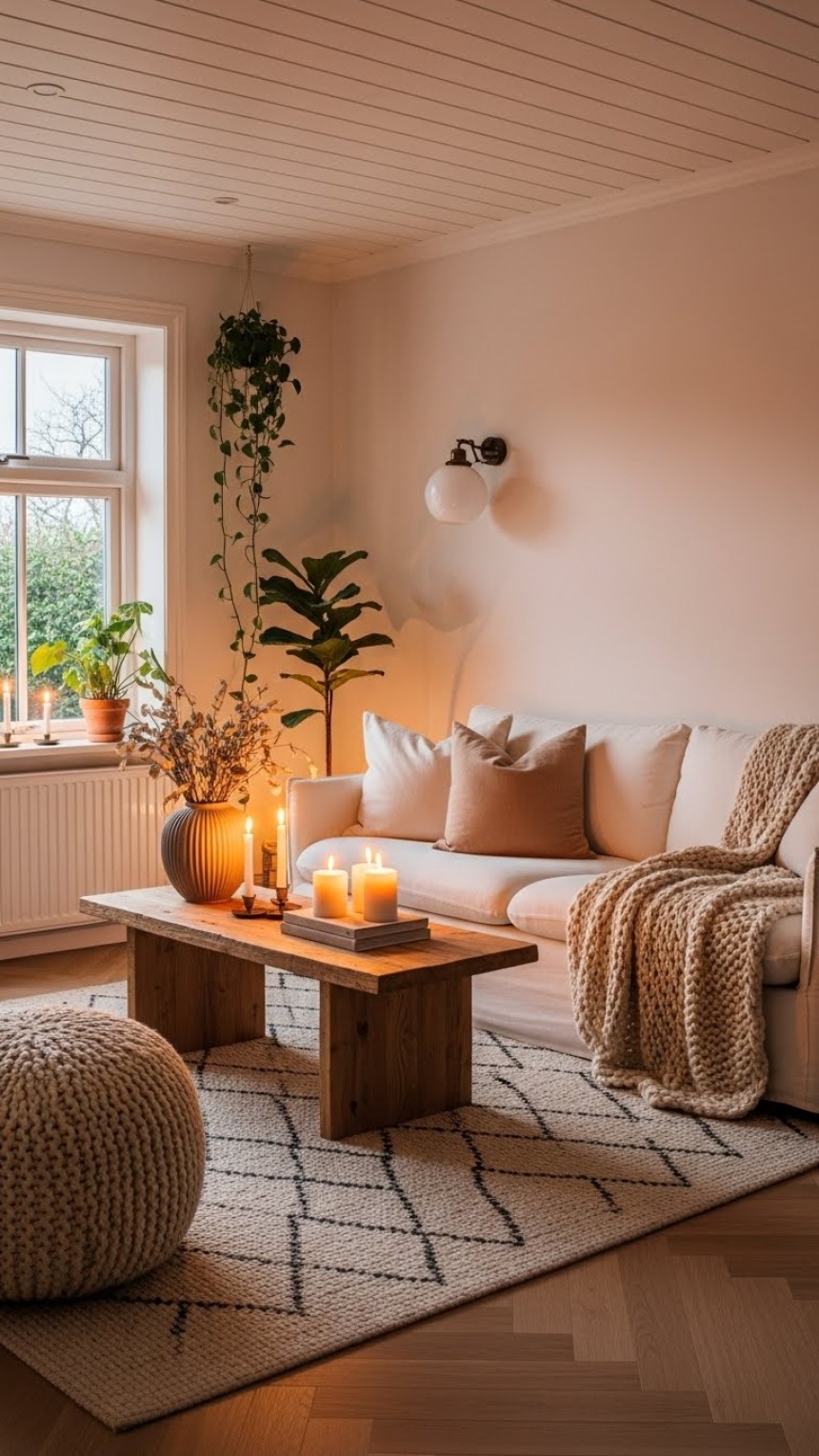 Modern cozy living room with neutral tones, beige sofa, wooden coffee table, soft area rug, indoor plants, and warm ambient lighting in a stylish US home interior.