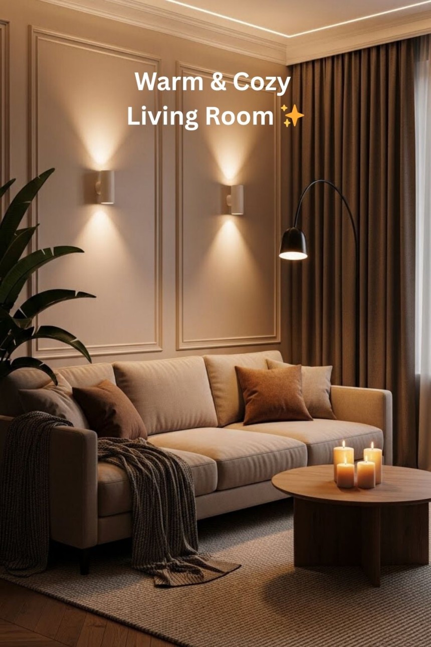 Elegant cozy living room with warm wall lighting, neutral sofa, soft textures, candles, and modern interior design