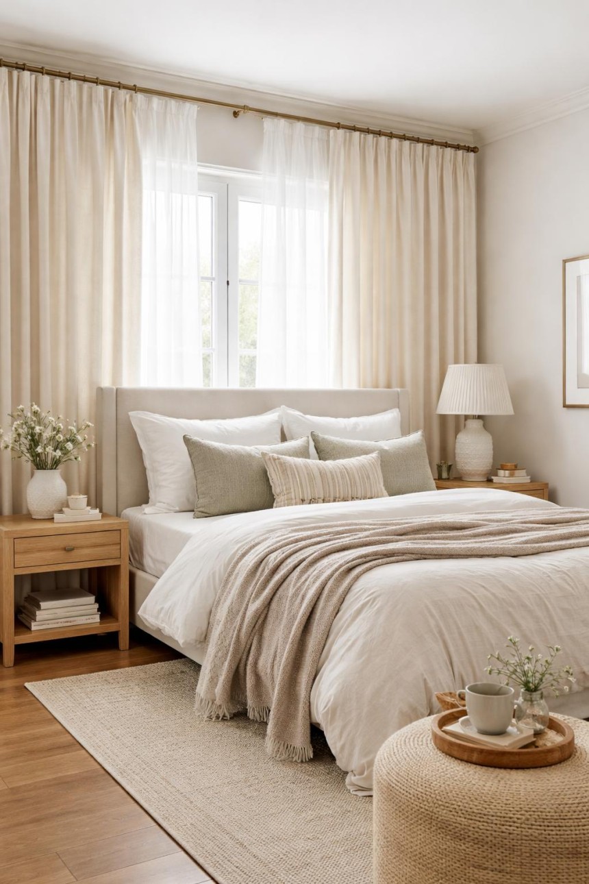 Cozy modern neutral bedroom with warm beige bedding, layered pillows, a textured throw blanket, natural wood accents, and soft bedside lighting.