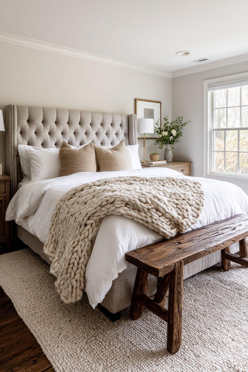 Warm beige bedroom with layered cream bedding, textured cushions, a soft throw blanket, and natural wood accents.