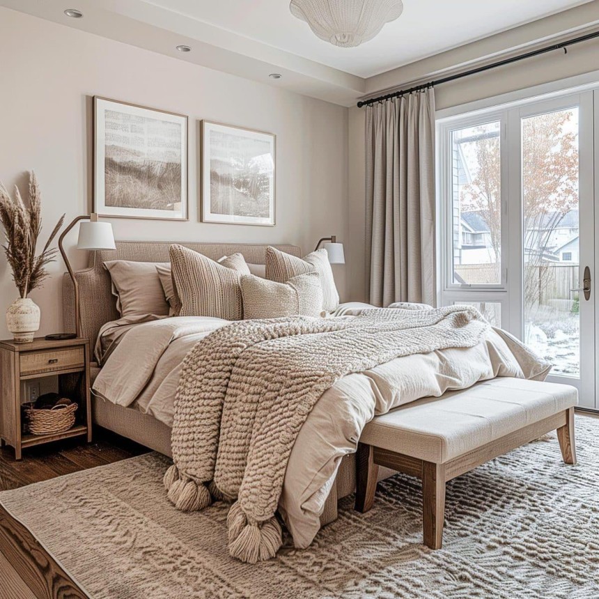 Elegant cream bedroom with an upholstered headboard, ivory bedding, textured cushions, a soft throw, and warm bedside lighting.