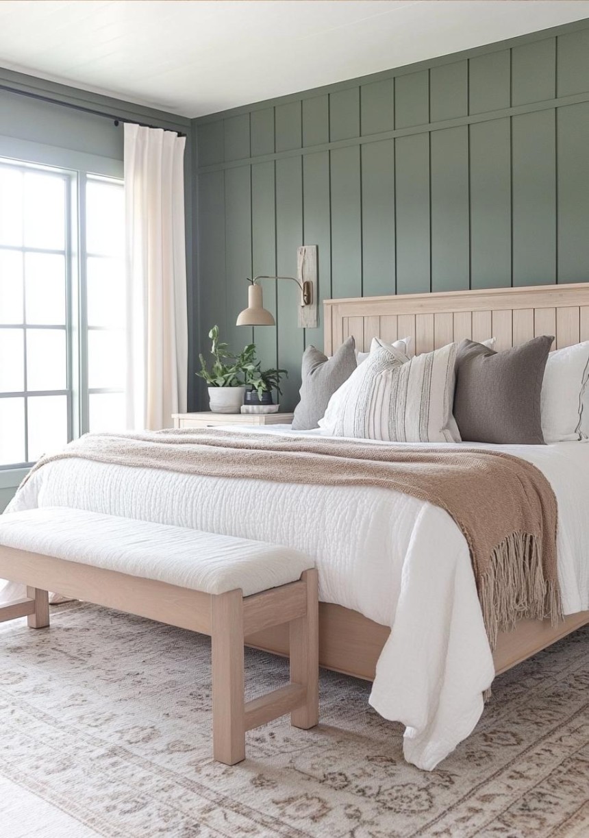 Sage green paneled bedroom wall with cream bedding and natural wood accents.