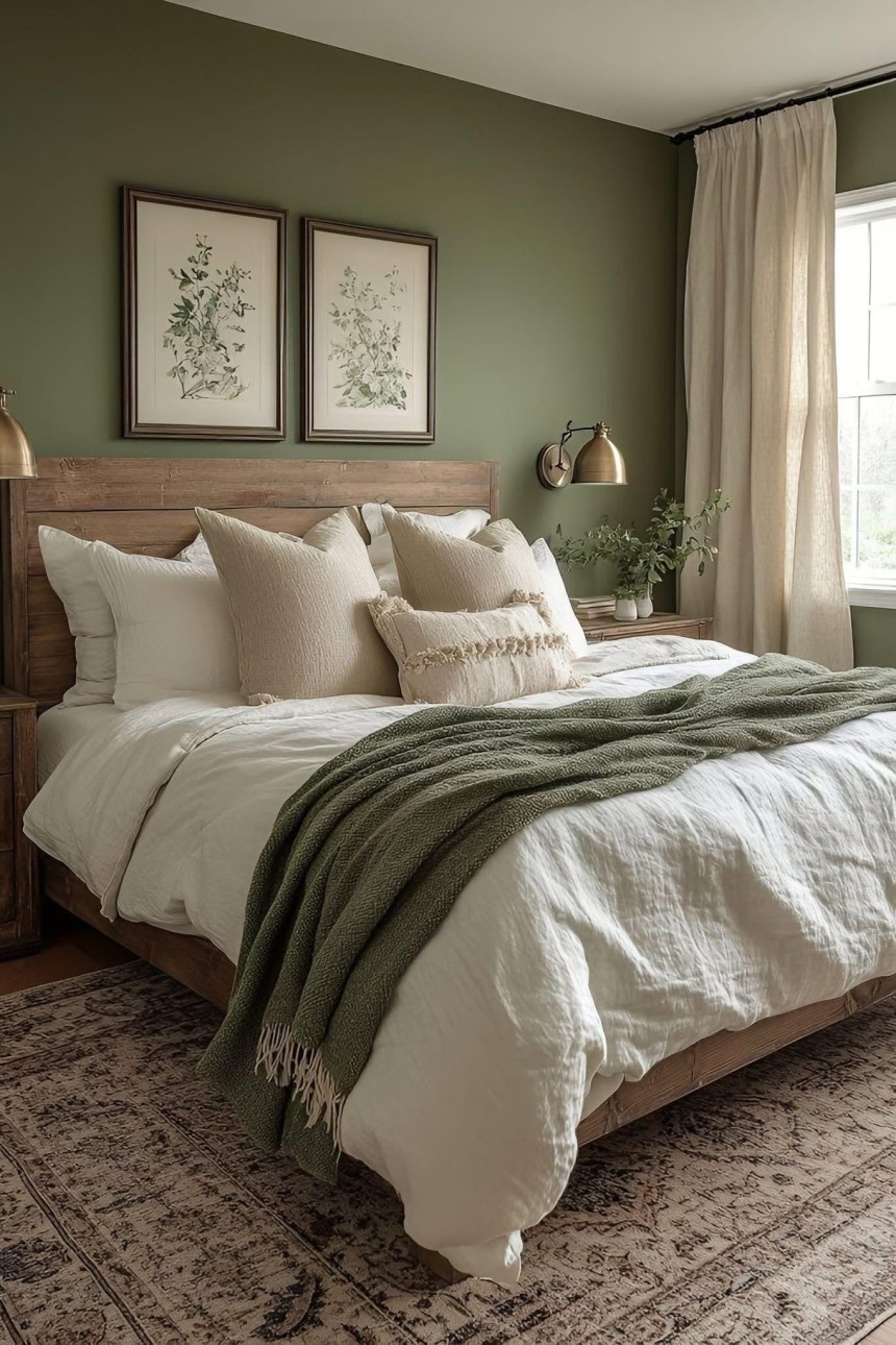 Earthy sage green bedroom with natural wood furniture, cream bedding, and beige textures.