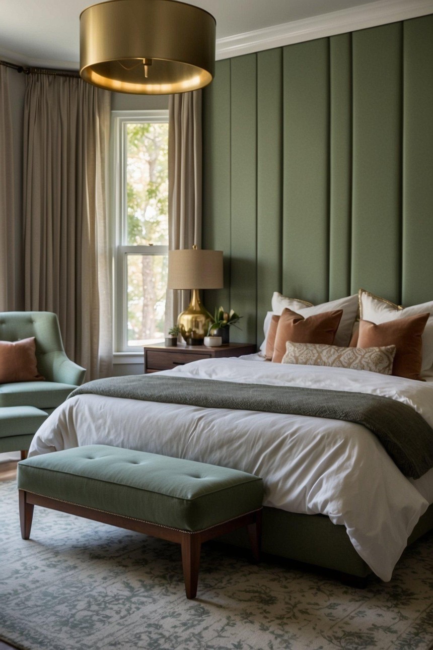 Elegant sage green bedroom with an upholstered headboard, ivory bedding, and warm bedside lighting.
